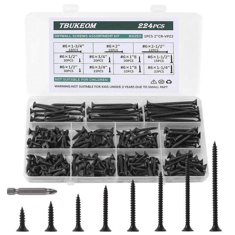 TBUKEOM Screws Assortment Kit, 224 PCS, High Hardness Phillips Drive Screws Set, Coarse Thread, Black Flat Head Wood Screws, Carbon Steel, Self-Tapping Screws for Wood, 8 Sizes - Image 1